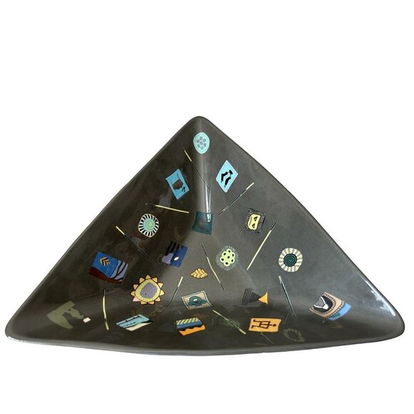 Triangular Gray Ceramic Dish Bowl Abstract Images Marked - Picture 2 of 11